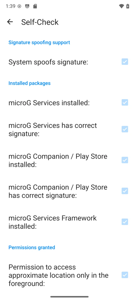 microG 自检页的真实界面:签名伪装、已装组件与权限检查项